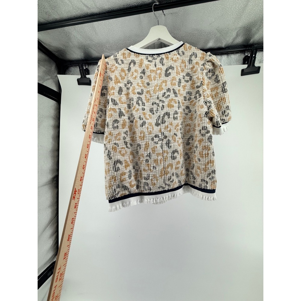 VOY Women Animal Print Puff Sleeve Top Ruffle Trim Crew Neck Tan Black M NWT - Picture 2 of 7